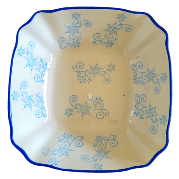 1 Vtg Temp-tations Presentable Floral Lace Ovenware Blue Sq Cereal Soup Bowl QVC - Picture 2 of 4